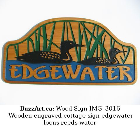 Wooden engraved cottage sign edgewater loons reeds water